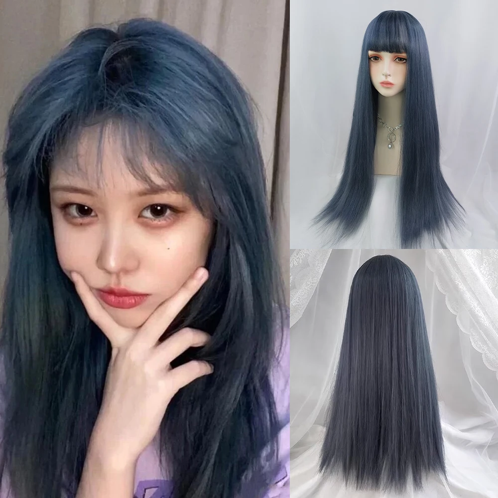 

Synthetic Long Straight Pixie Cut Blue Grey Wig with Bangs for Women Daily Cosplay Lolita Party Fake Hair Heat Resistant