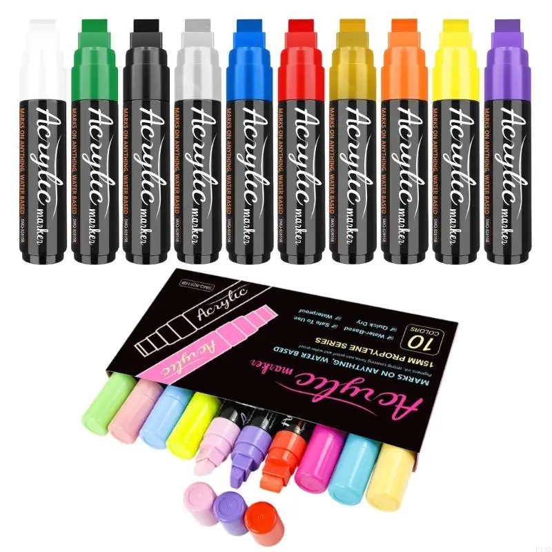 10 Color Acrylic Marker Set Quick Dry Water Based for Poster Lettering, Drawing on Canvas, and Paper Craft F19E