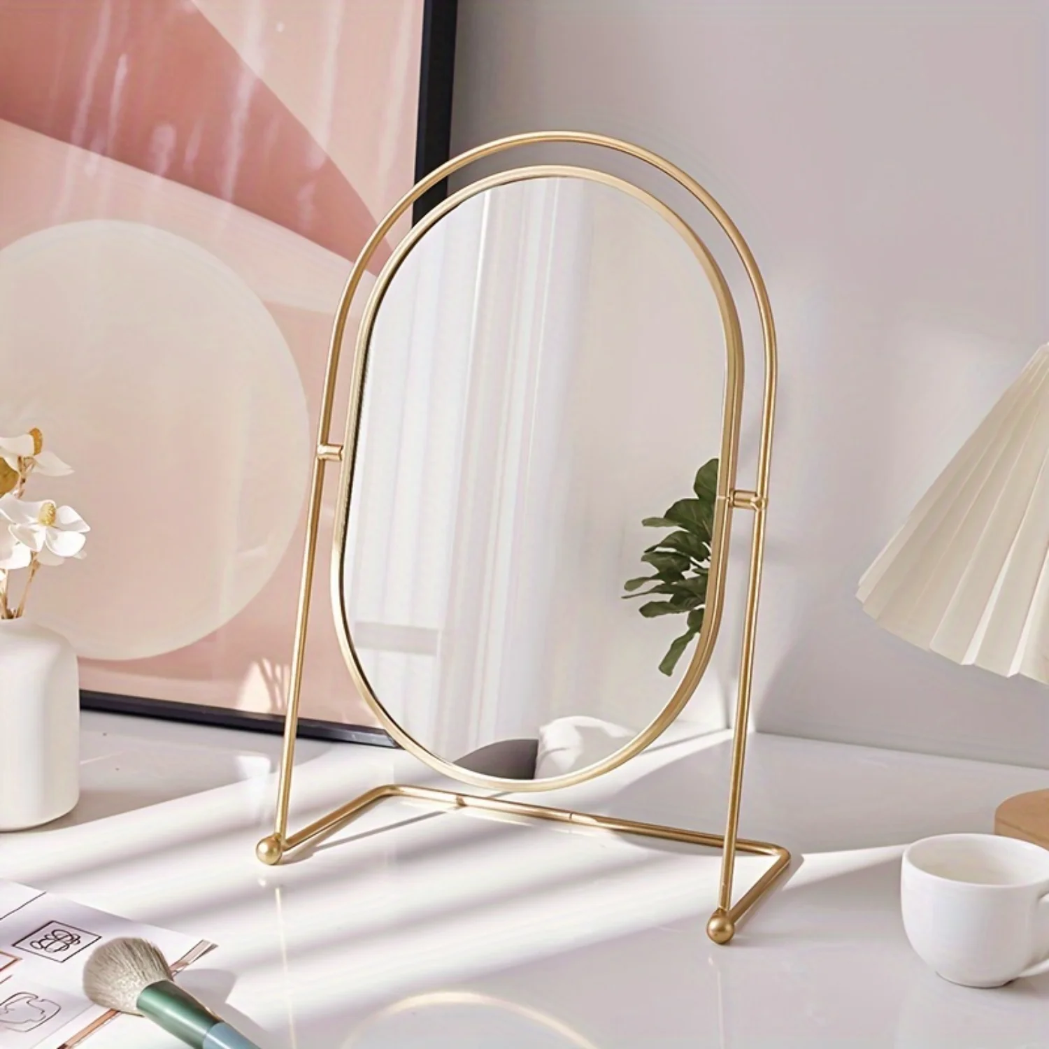 Light Luxury Makeup Mirror, Oval Desktop Beauty Mirror with Bracket, Rotatable Vanity Decor, HD Mirror