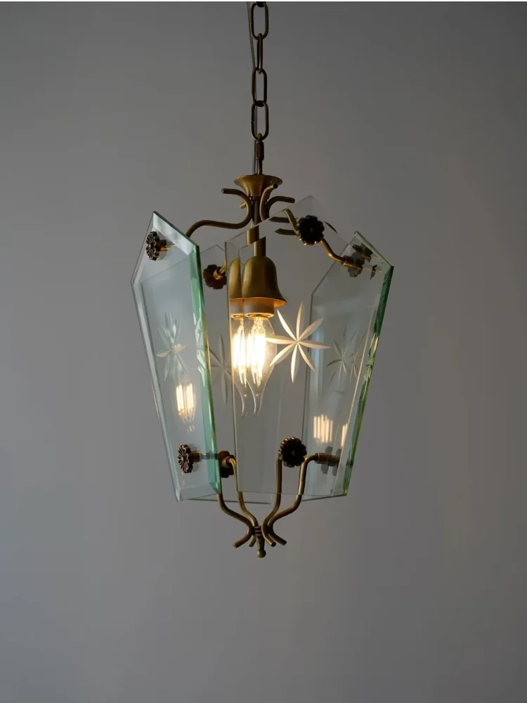 Vintage Matcha Glass Pendant Lamp French Vintage Pendant Light Retro Etched Star Hanging Lamp For Bedroom Dining Room Light