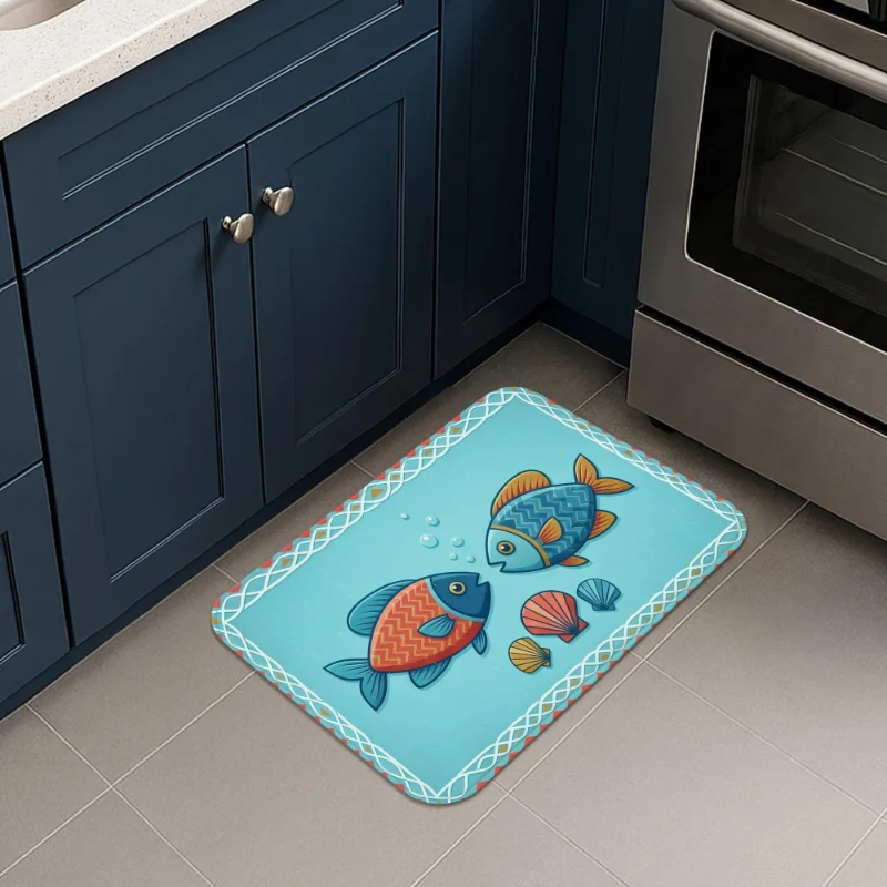 VIKAMA Cartoon Fish Seashell Rug Coastal Nautical Non Slip Water Absorbent Mat Kitchen Bathroom Entry Decor Carpet