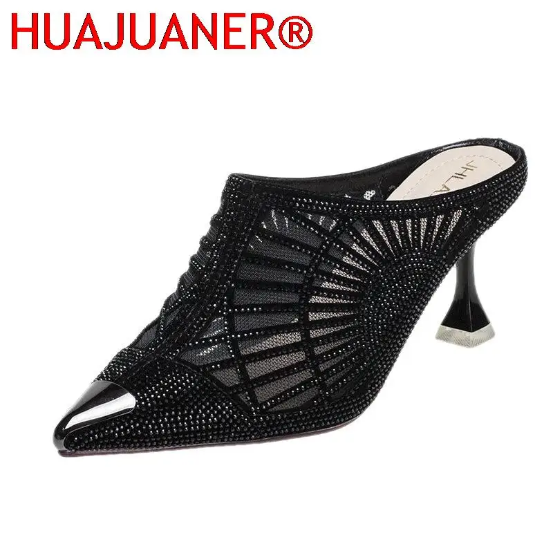 

HUAJUANER 2023 Women Mesh Slippers,Summer High Heels Rhinestone Slides,Sequince Cloth Shoes,Pointed Toe,Black,Beige,Dropship