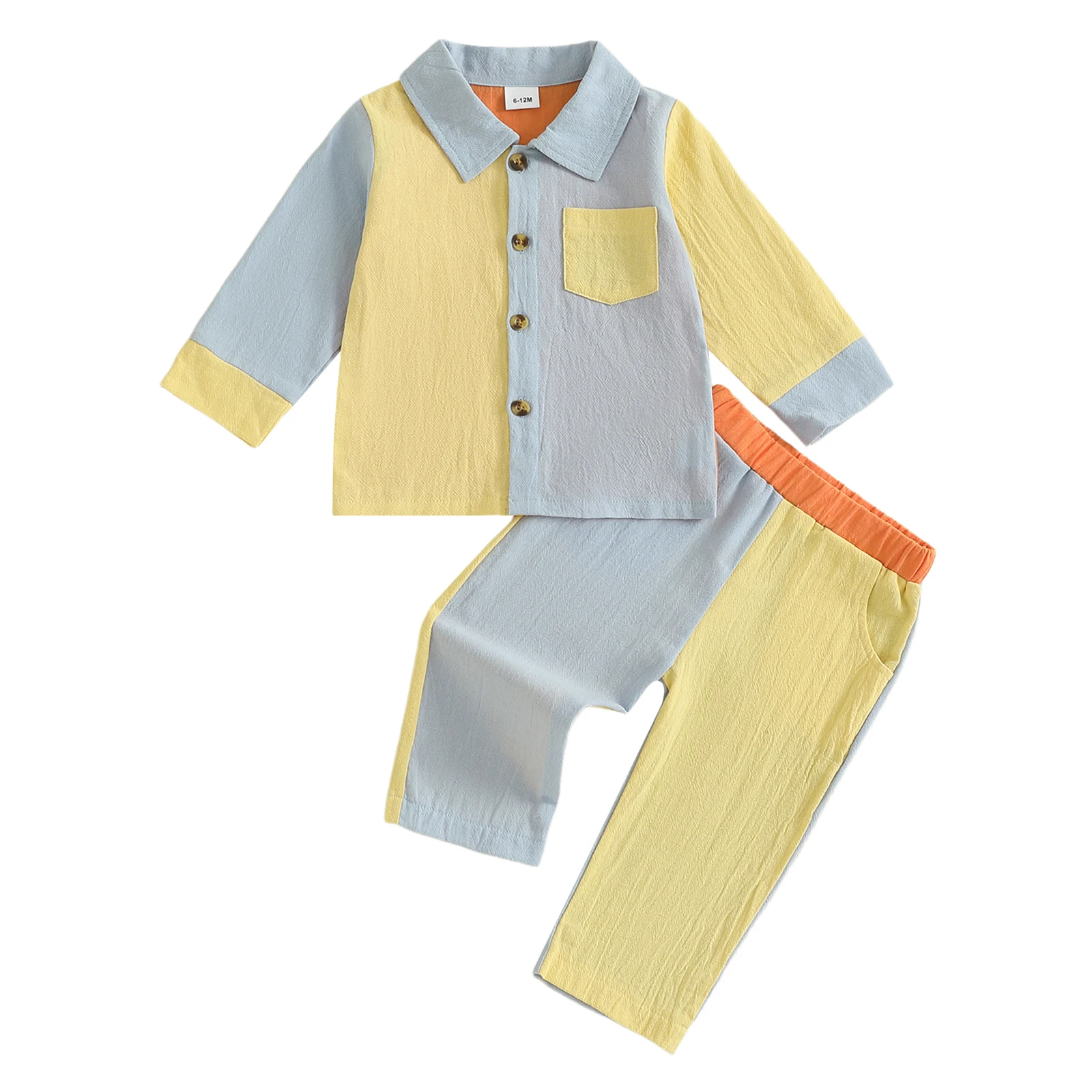 

Toddler Boy Fall Outfits Contrast Color Long Sleeve Lapel Button Down Shirt Elastic Waist Long Pants 2 Pcs Set