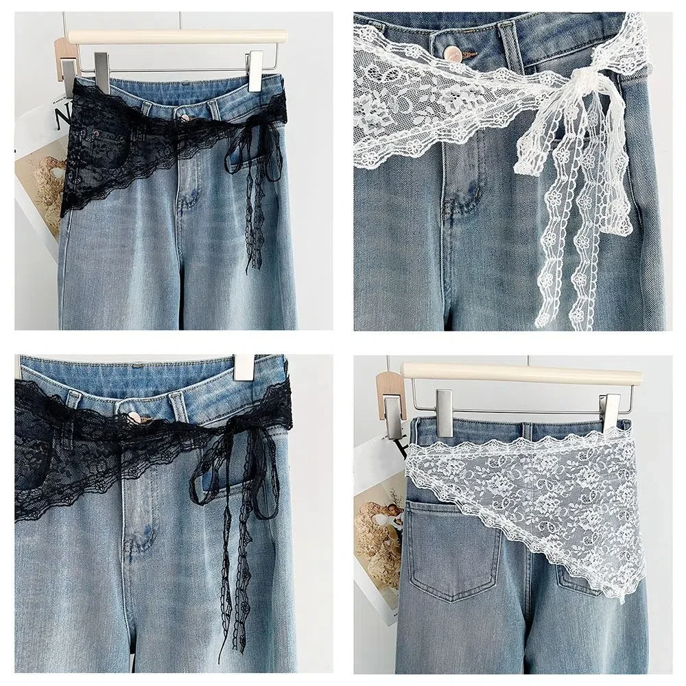 Lekka, warstwowa spódnica z kwiatowej koronki, sznurowana, streetwear Y2K, koronkowa trójkątna chusta, fartuch, spódnica-otulacz.