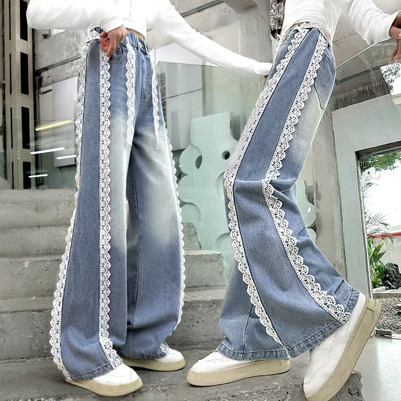 

New Arrival Spring Autumn Child Straight Leg Jeans with Lacing on the Sides for Kids Girl High Fashion Street Style Denim Pants