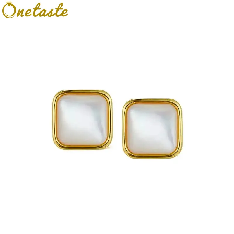 

White Mother of Pearl 925 Silver Gold Plated Mirror Polished Square Stud Earrings Minimalist Simple Geometric Small Earring Gift