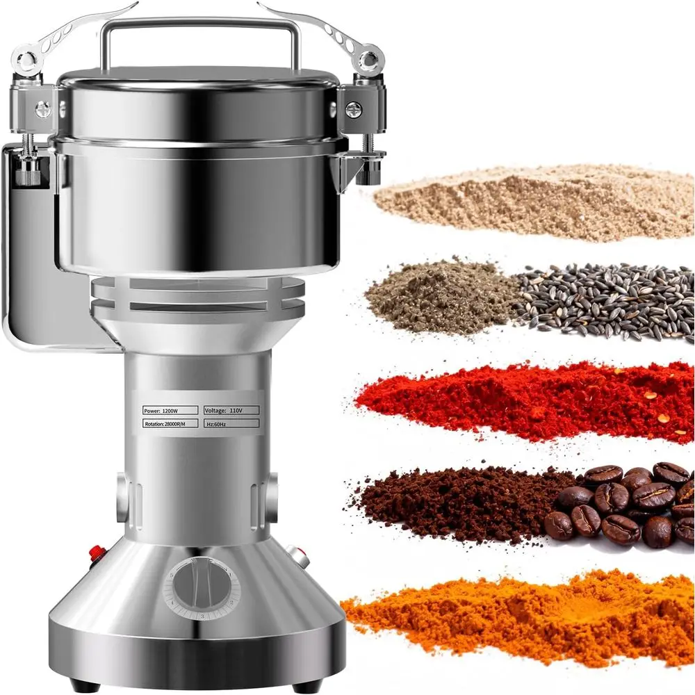 Molino Eléctrico de Granos de 1200W, Molinillo de Alimentos Secos de Acero Inoxidable de Alta Velocidad de 300g para Trigo, Arroz, Maíz, Especias y Hierbas, con Temporizador