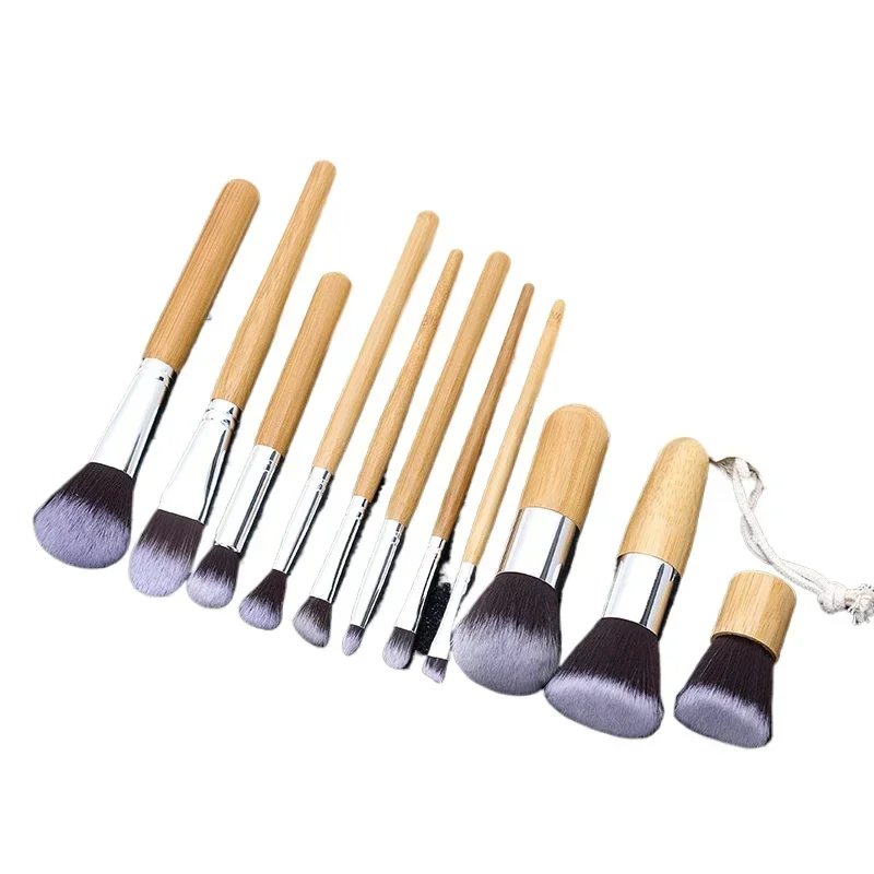 11pcs Natural Bamboo Handle Makeup Brushes Set High Quality Foundation Blending Cosmetic Make Up Tool Set With Cotton Bag