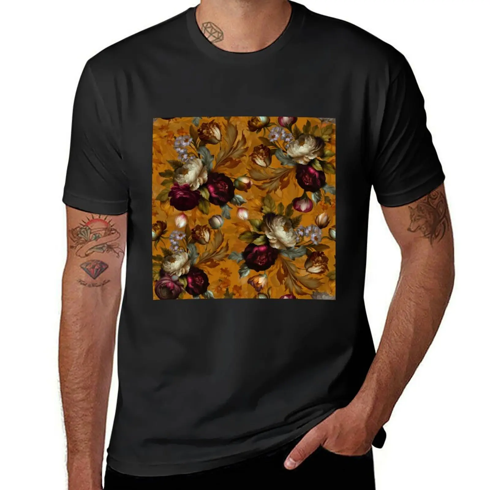 Mystic Baroque Hand Painted Vintage Flower Botanical Garden Gold T-Shirt kawaii clothes Blouse oversized t shirt men