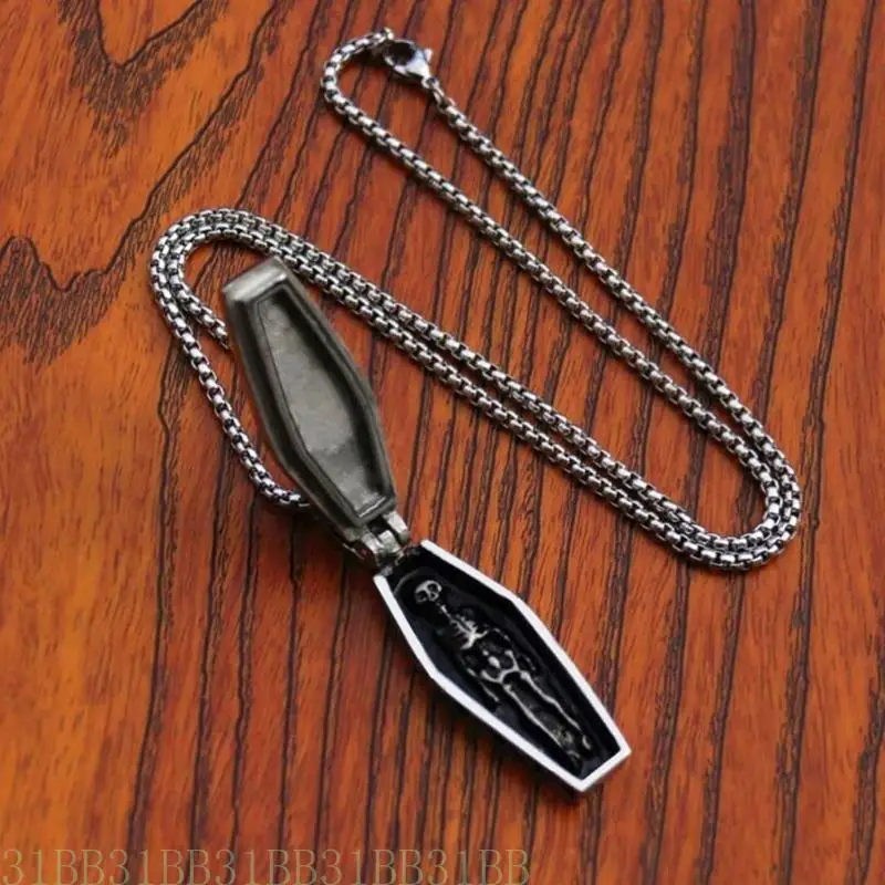 31BB Halloween for Vampire Coffin Casket for Cross Skull Necklace Stainless Steel Gothic Steampunk Jewelry Gift for Mens Boys