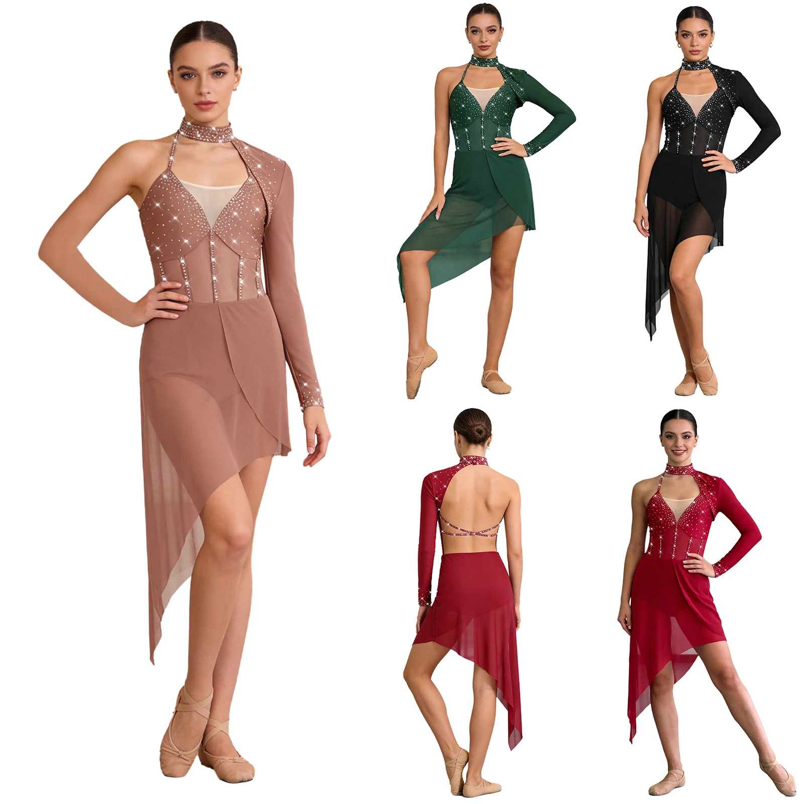 

Women Single Sleeve Shiny Rhinestones Mesh Modern Lyrical Dance Dress Figure Ice Skating Gymnastics Acrobatics Leotard Dresses