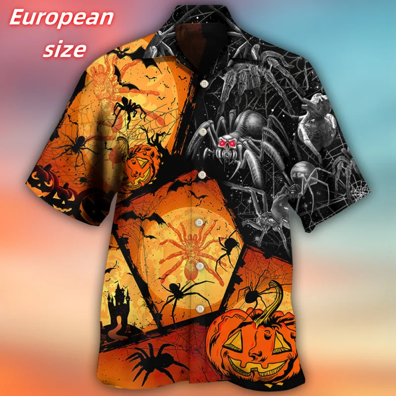 

Dog Bat Spider Pattern Hawaiian Shirt For Men Skull Halloween 3D Printed Blouse Summer Short Sleeve Lapel Tops Aloha Shirts