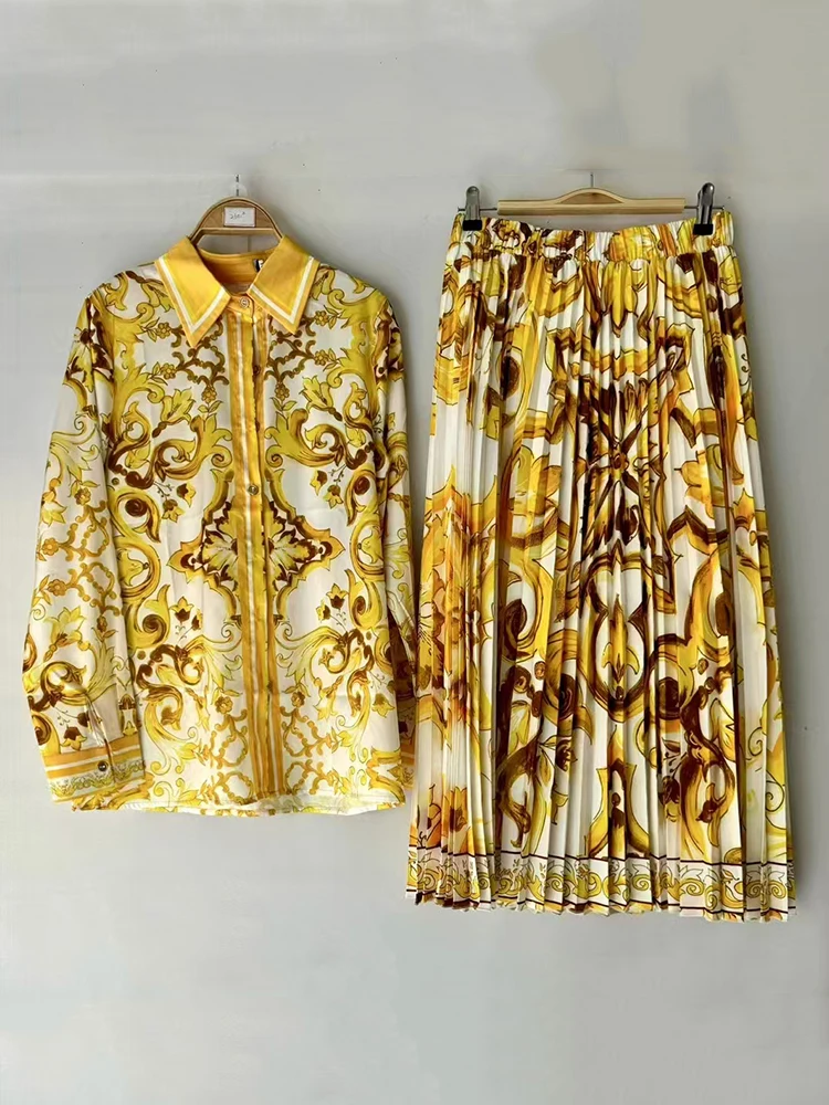 Zweiteiliges Designer-Hemd mit Retro-geometrischem Druck, Revers und geradem Bein für Damen im Herbst 2025, Set mit lockerem Faltenrock