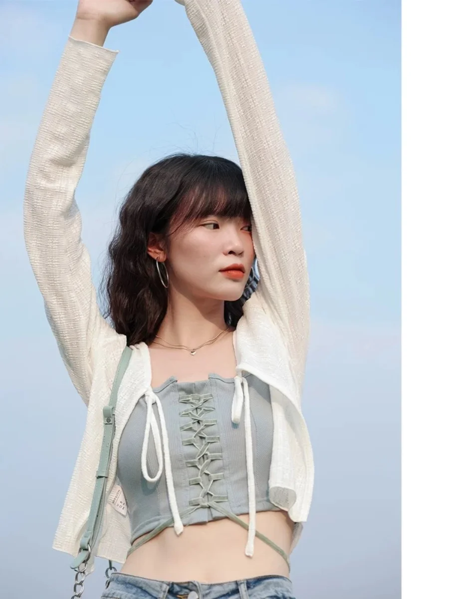 

Women's Summer Ice Silk Sun Protection Knitted Cover up Thin Shoulder Strap Dress Korean Style Commute Fashion Slim Fit V Neck