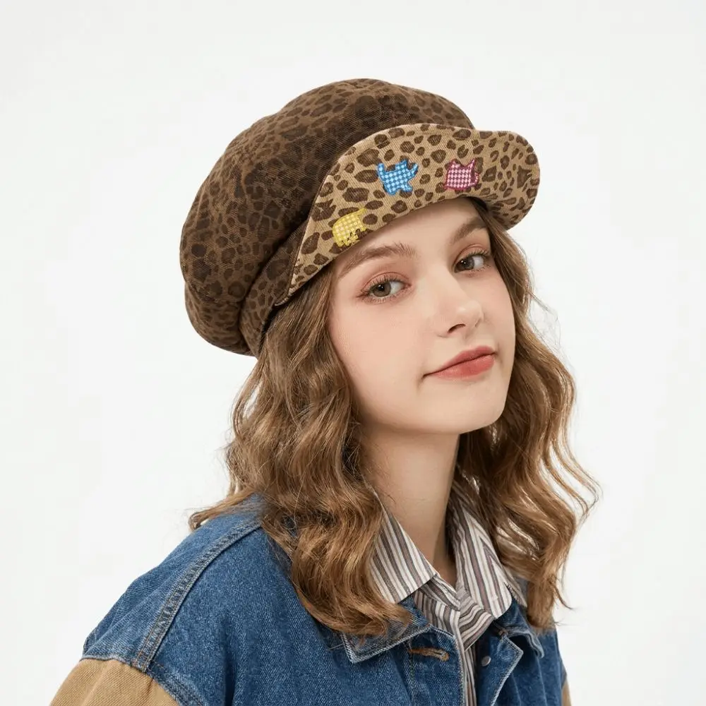 Leopard Print Newsboy Cap Cuffed Brim Wide Brim Cloud Beret Hat American Sweet Cool Style Cloud Shape Cuffed Brim Cap
