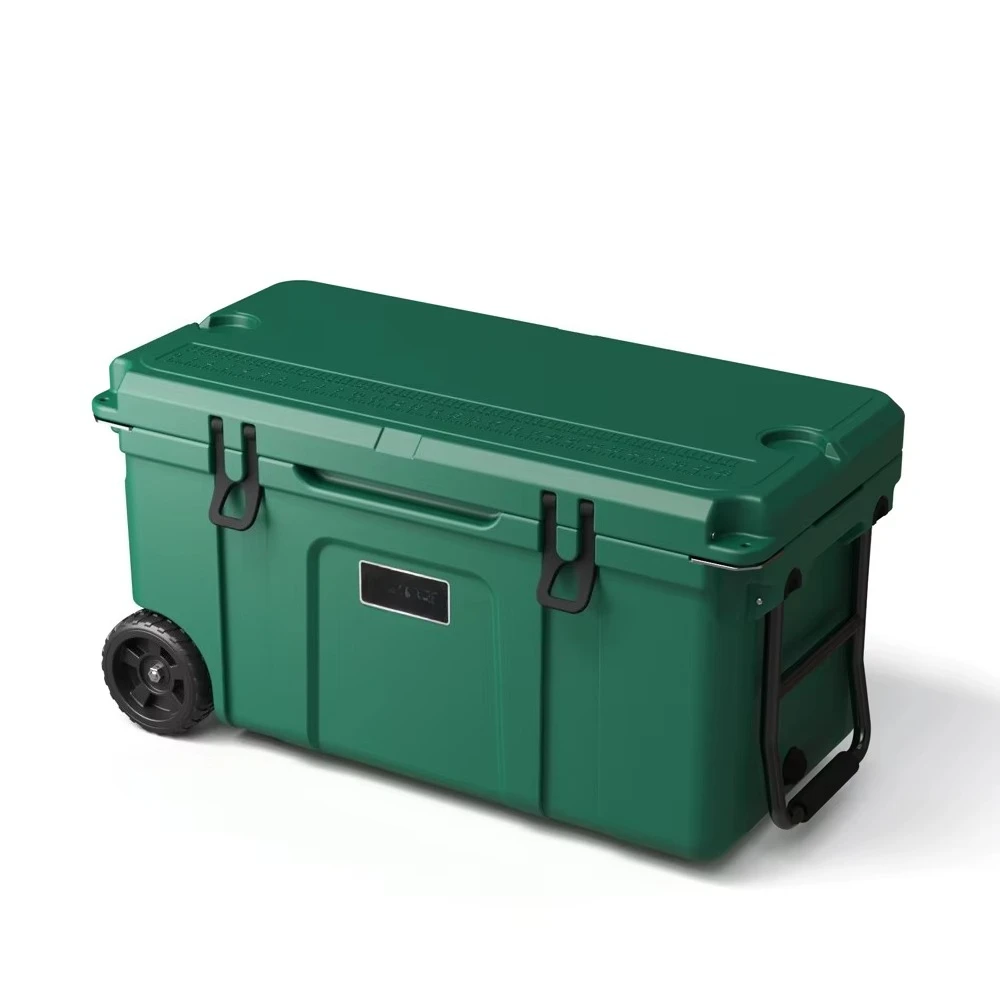 70QT Custom Logo Lunch Insulated Roto Molded Plastic Ice Chest Trolley Cooler Box Outdoor with Wheels for Car Camping