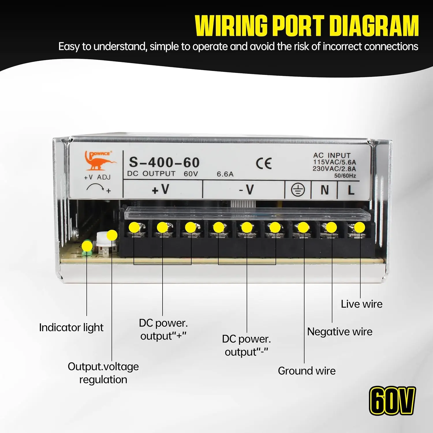 400W 60V DC Switching Power Supply, AC 110V/220V to DC 60V Adapter for LED Strip, CCTV, CNC Router, Stepper Motor