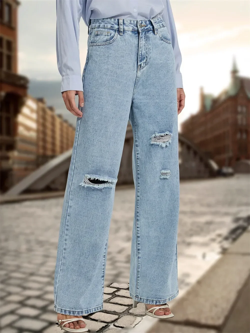 

Hole Jeans Women 2025 Streetwear Ripped Wide Leg Pants High Waist Washed Distressed Straight Trousers Female Vintage Denims