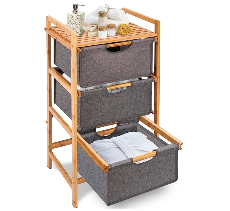 

！@Combohome 3 Tier Bamboo Laundry Hamper Bamboo Laundry Basket Rack with Storage Bag
