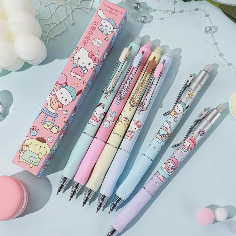 

12/24pcs Kawaii Sanrio Kitty Melody PomPomPurin Erasable Gel Pen Cute 0.5mm Black Ink Neutral Pens Office School Supplies