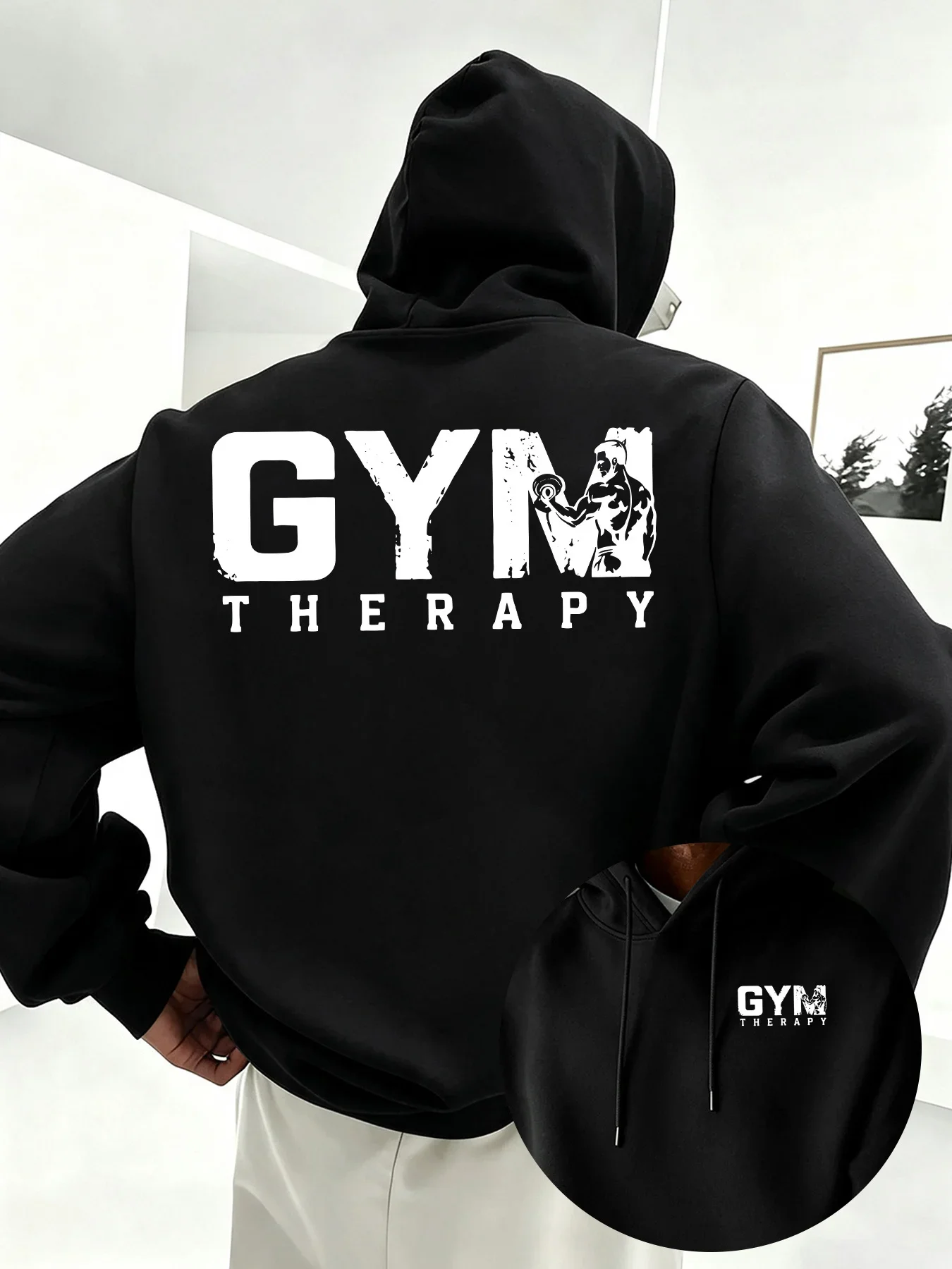 Moletom com capuz masculino para academia, estampa GYM THERAPY, para treino fitness, oversized, estilo streetwear vintage, outono inverno, casual e mo