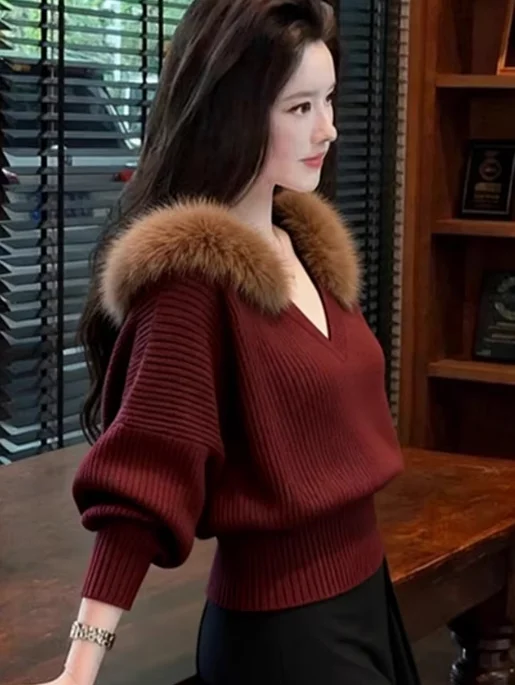 秋冬 レディース Vネック ニットウェア ファッション ラジースタイル ハイエンド ワインレッド ファーカラー セーター ルーズフィット レギュラーサイズ