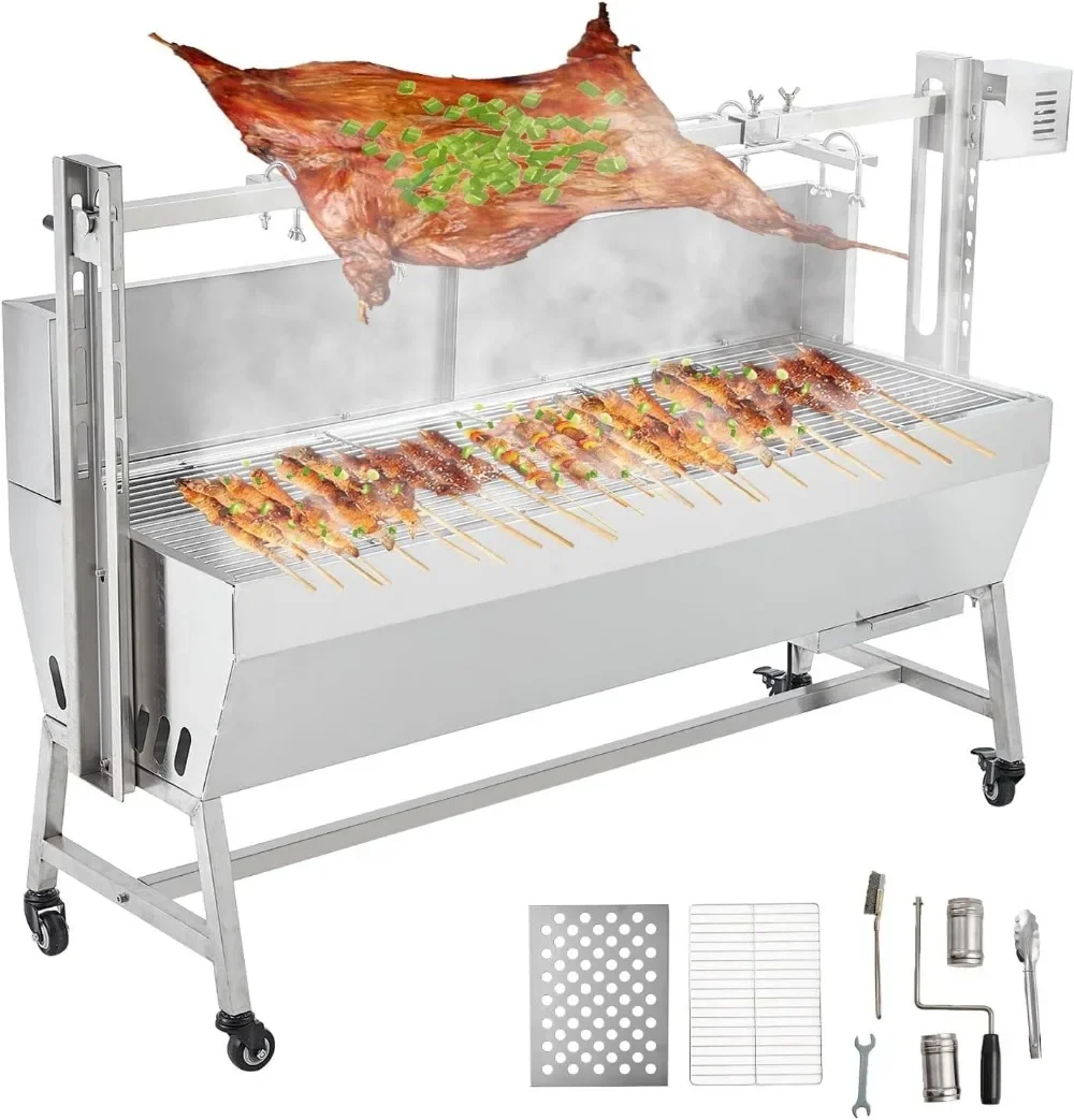 Stainless Steel Automatic Rotisserie Grill with Wind Screen, 55in 200LB Capacity Electric BBQ Pig Lamb Rotisserie Roaster 50W