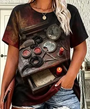 Women Vintage Witch Curiosity Box Print T‑Shirt Occult Candle Mirror Retro Gradient Crew Neck Short‑Sleeve Casual Tops