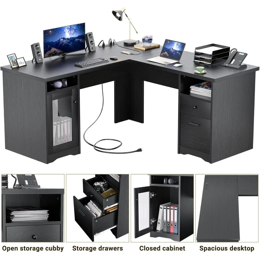 Mesa de escritório em forma de L com gaveta, mesa de computador de 60 polegadas com tomada de energia e porta de carregamento USB, mesa de canto grande com