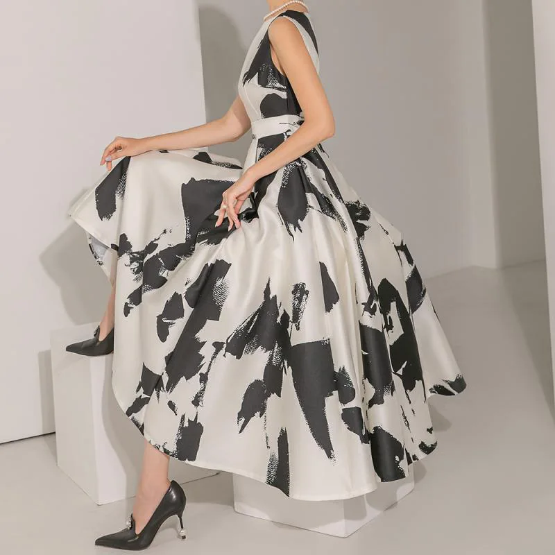 فساتين الصيف موضة جديدة الكورية الرجعية أكمام طلاء حبر الطباعة Vestidos سليم كبير سوينغ س الرقبة طويلة فستان كاجوال للحفلات