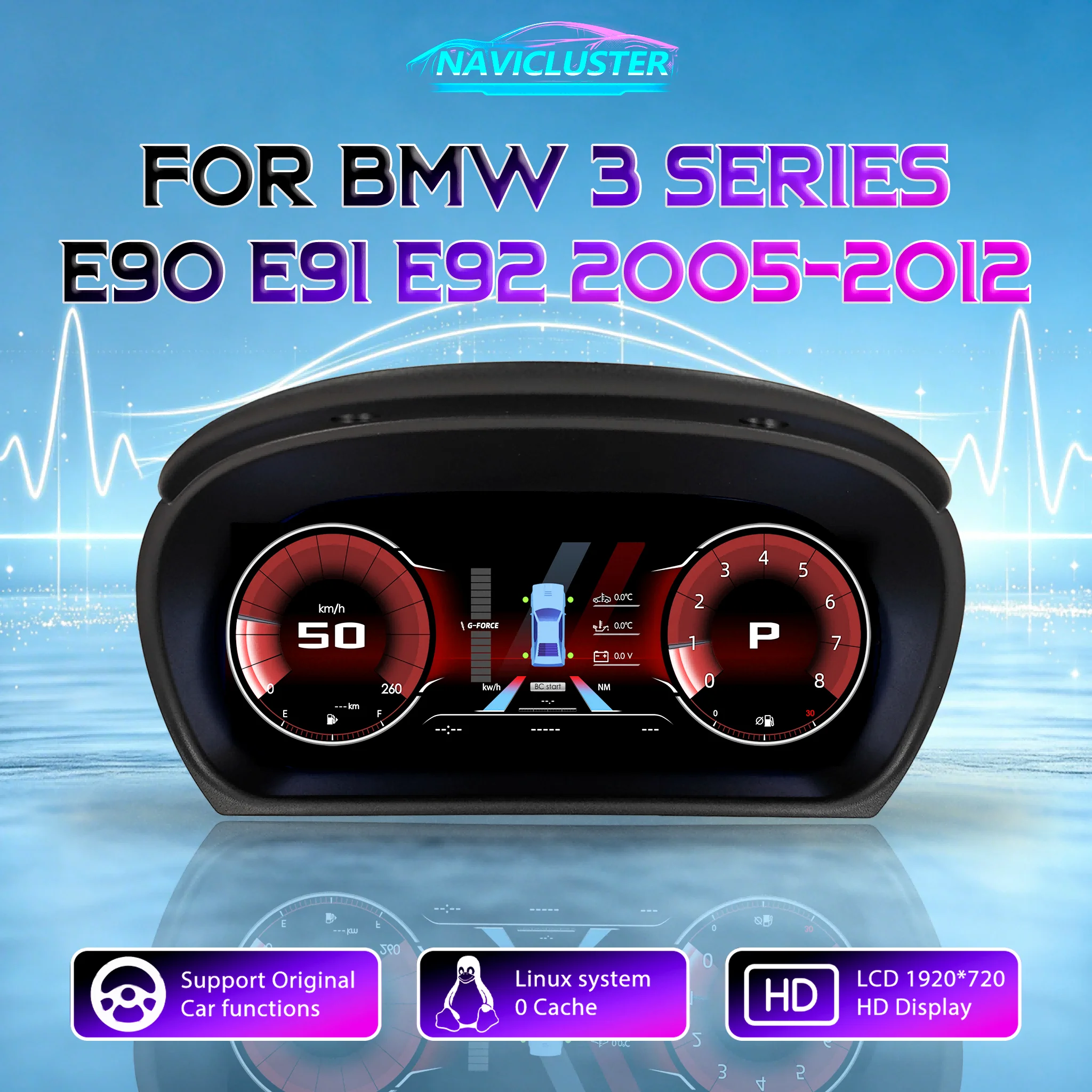 Schermo HD 1920*720, tachimetro Linux, cruscotto LCD digitale per BMW Serie 3 E90 E91 E92 E93, anni 2005-2012, pannello strumenti, cockpit virtuale.