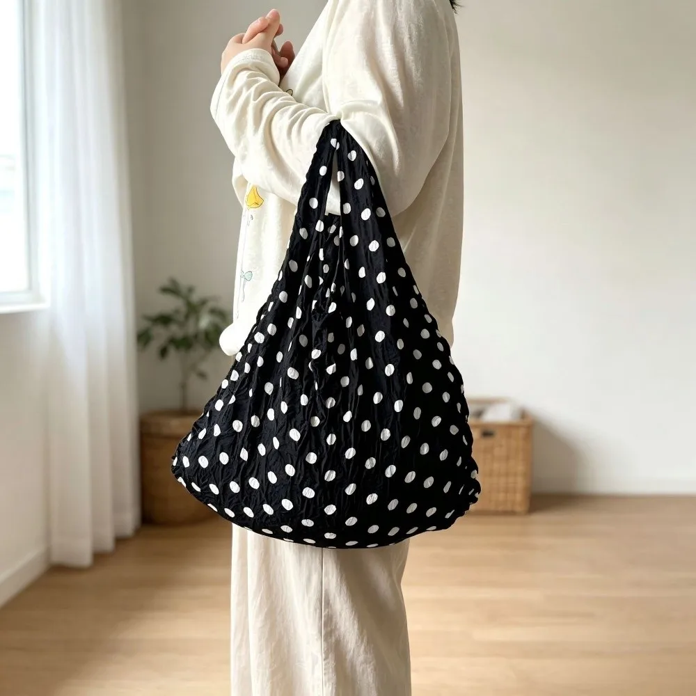 Large Capacity Stretch Shopping Bag Bubble Pleated Polka Dot Tote Shoulder Bag Magic Stretch 1PC Elastic Handbag Storage Use