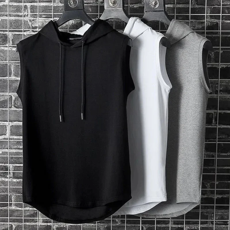 

Ice Silk Summer Muscle Hoodie Vest Sleeveless Bodybuilding Gym Workout Fitness Shirt High Quality Vest Hip Hop Sweatshirt Tops