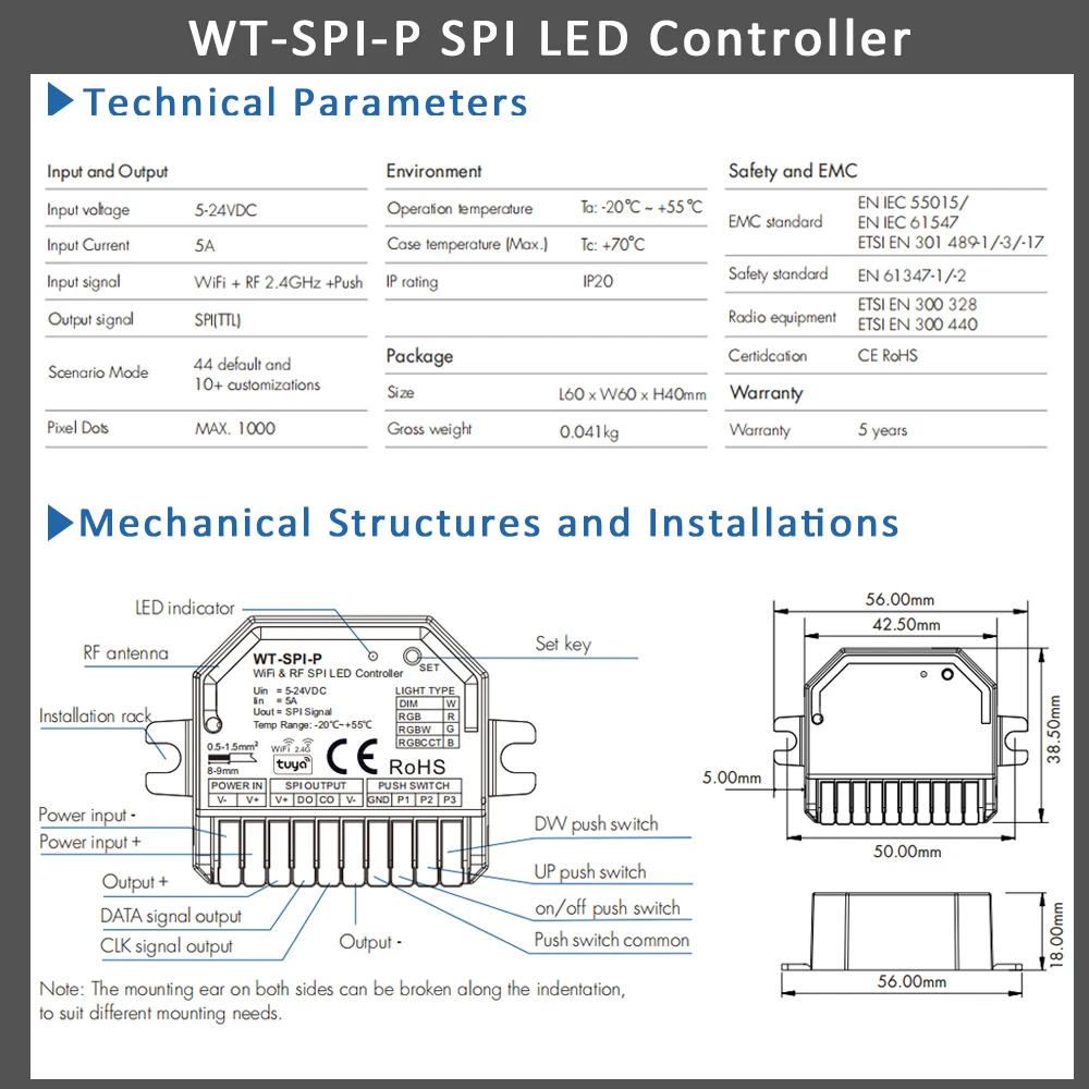 WT-SPI-P Tuya WiFi SPI LED Controller Single for Color RGB RGBCCT RGBW SPI LED Strip Pixel Running Light WS2811 Ws2812 SK6812
