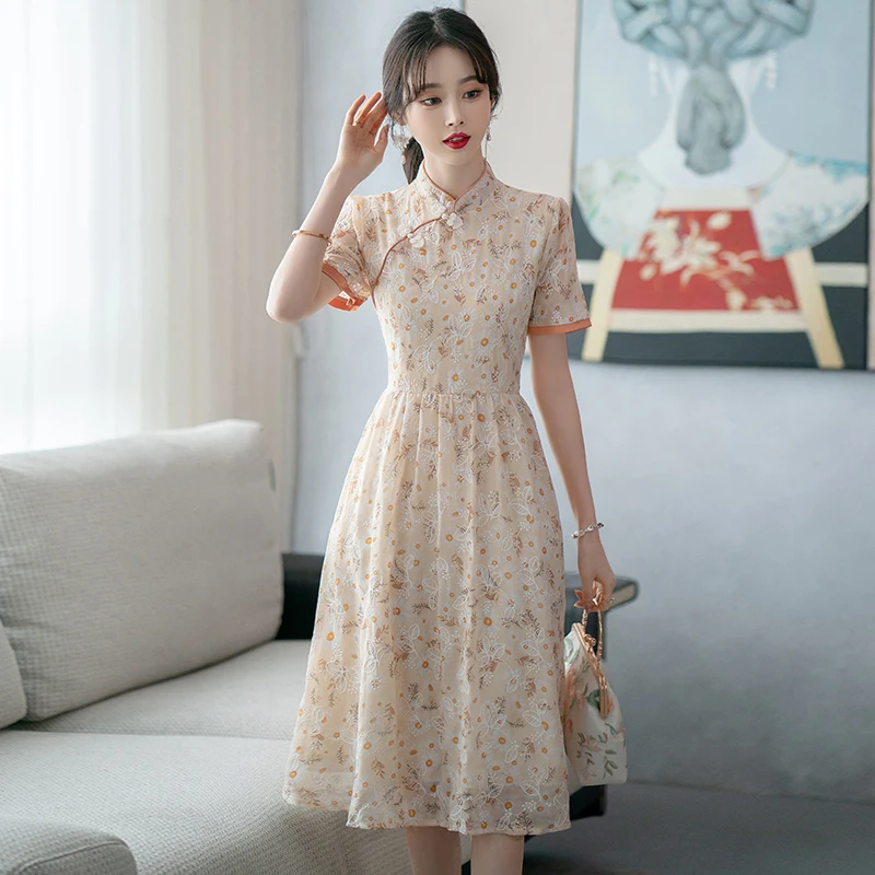 

Slim Waist Embroidery Retro Improved Cheongsam for Women Clothing Chinese Traditional Short Sleeve Qipao Dress CNY