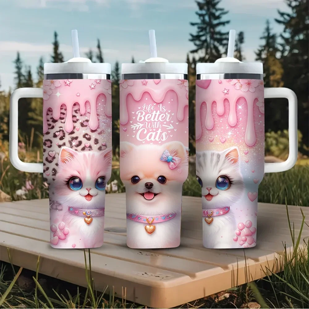 40oz Tumbler with Handle, Features Cute Cats And Puppy Print with Life Better with Cats Text, Great for Pet Lovers, Fits Hot And Cold Drinks, Ideal for Daily Use And Outdoor Activities