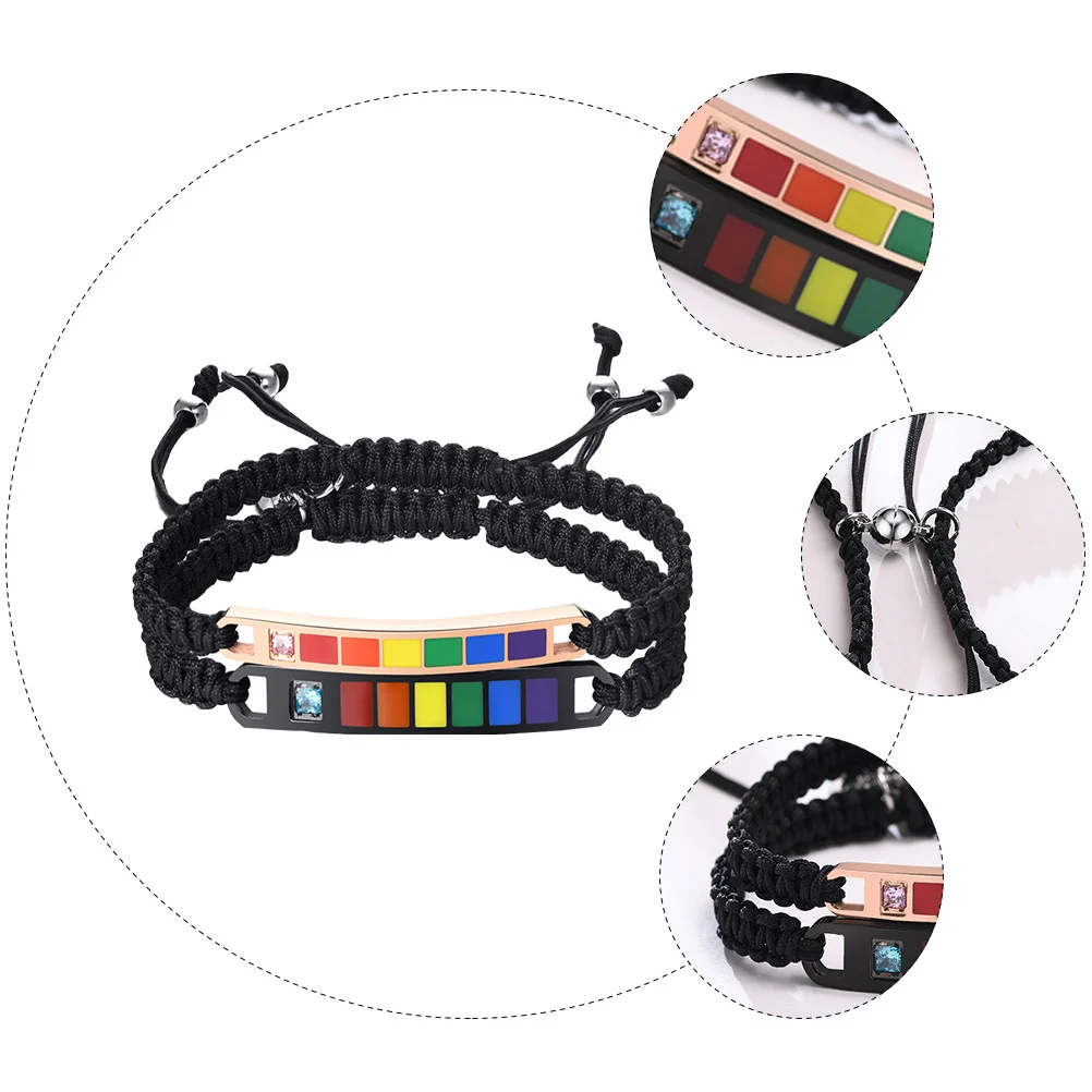 

1Pair Titanium Steel Zircon Rainbow Nylon Weaving Bracelets Adjustable Lovers Wrist Ropes Punk Vintage Style Christmas Gifts