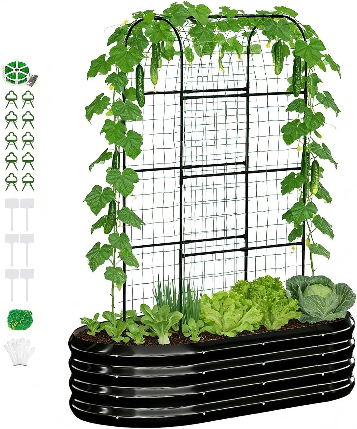 Outdoor Gardening Raised Bed, Galvanized Metal, Black, with Trellis and Climbing Net for Fruits and Vegetables