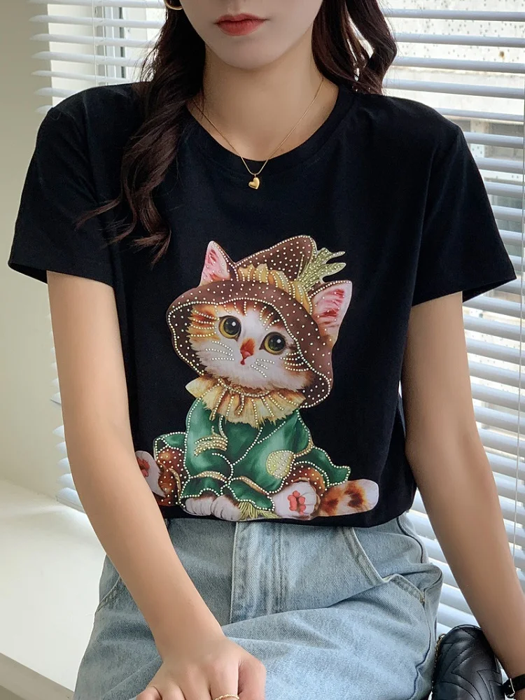 TuangBiang Summer 2023 Diamond Printing Cat Cotton T-Shirts Rhinestones Casual O-Neck Short Sleeves Loose Tshirt Klein Blue Tops
