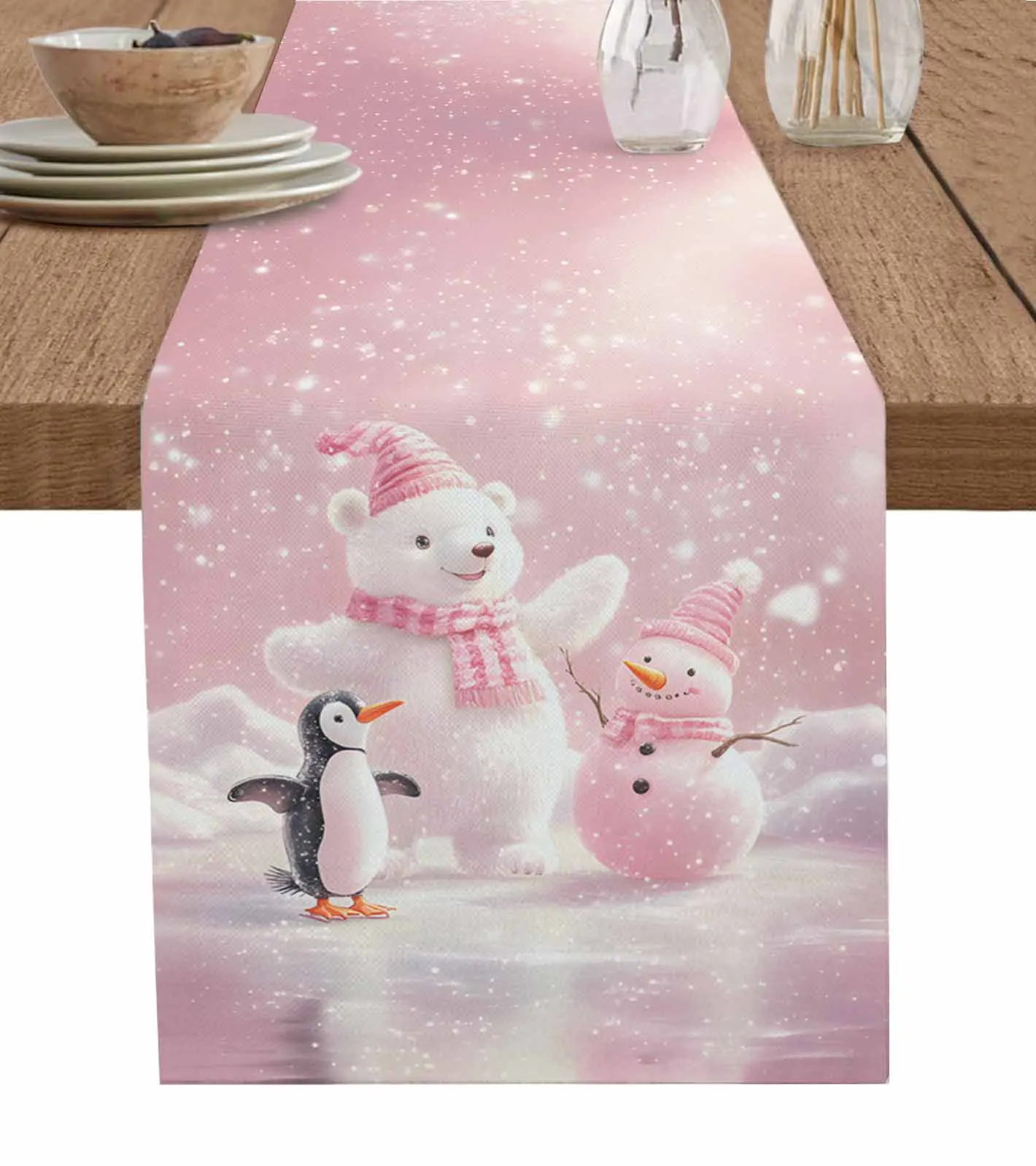 Pink White Bear And Penguin Snowman Table Runner Wedding Dining Table Decoration Table Runner Kitchen Dining Tablecloth