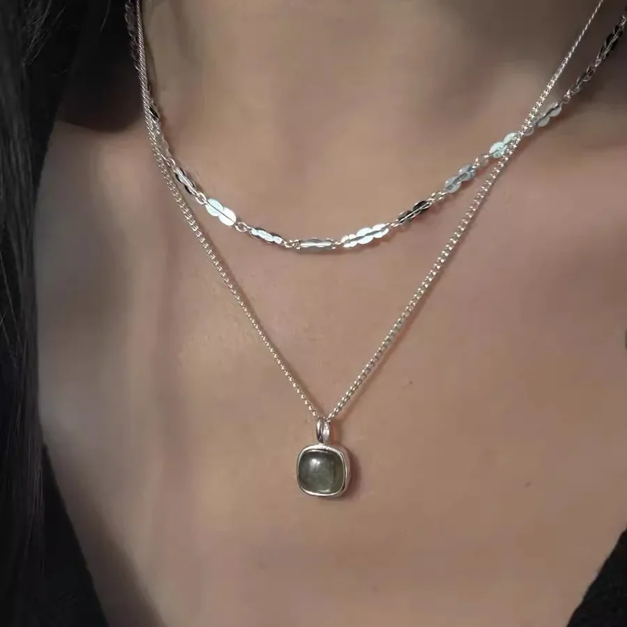 

S925 Sterling Silver Chic Geometry Square Stone Pendant Necklaces for Women Fine Jewelry Light Luxury Minimalist Accessories