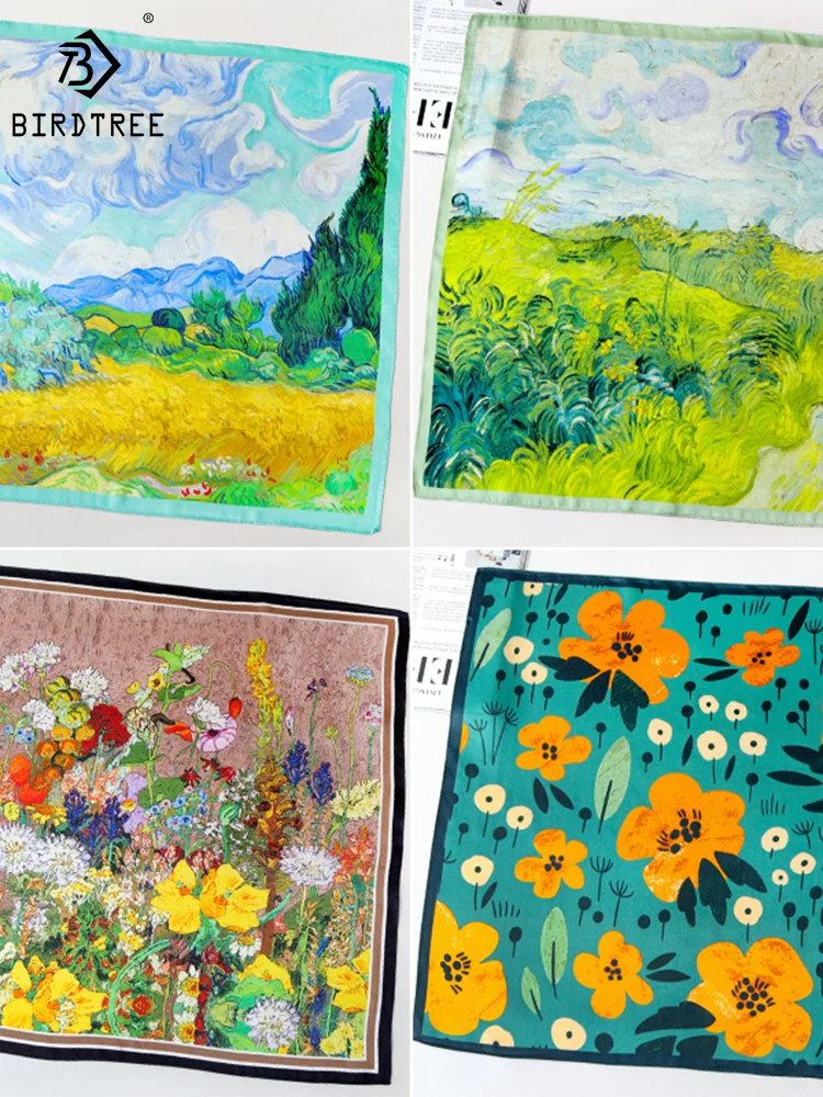 

Шелковый платок Birdtree с цветочным принтом в стиле ретро, подарок для мамы, модный женский платок с эффектом живописи маслом, весна-осень 2024 A3D916QM