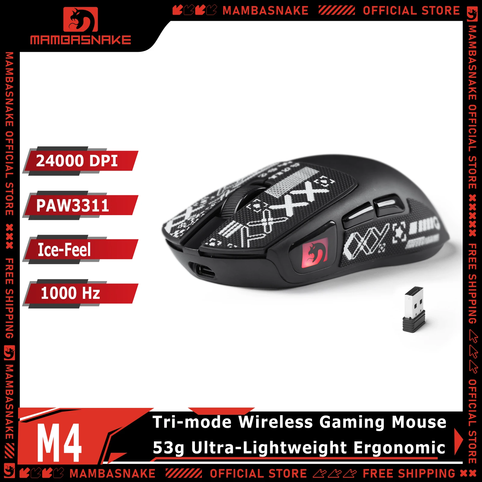 MAMBASNAKE M4 Tri-Mode Wireless Gaming Mouse 24000 DPI RGB 53g Lightweight PixArt PAW3311 1000Hz Polling Rate For PC Mac