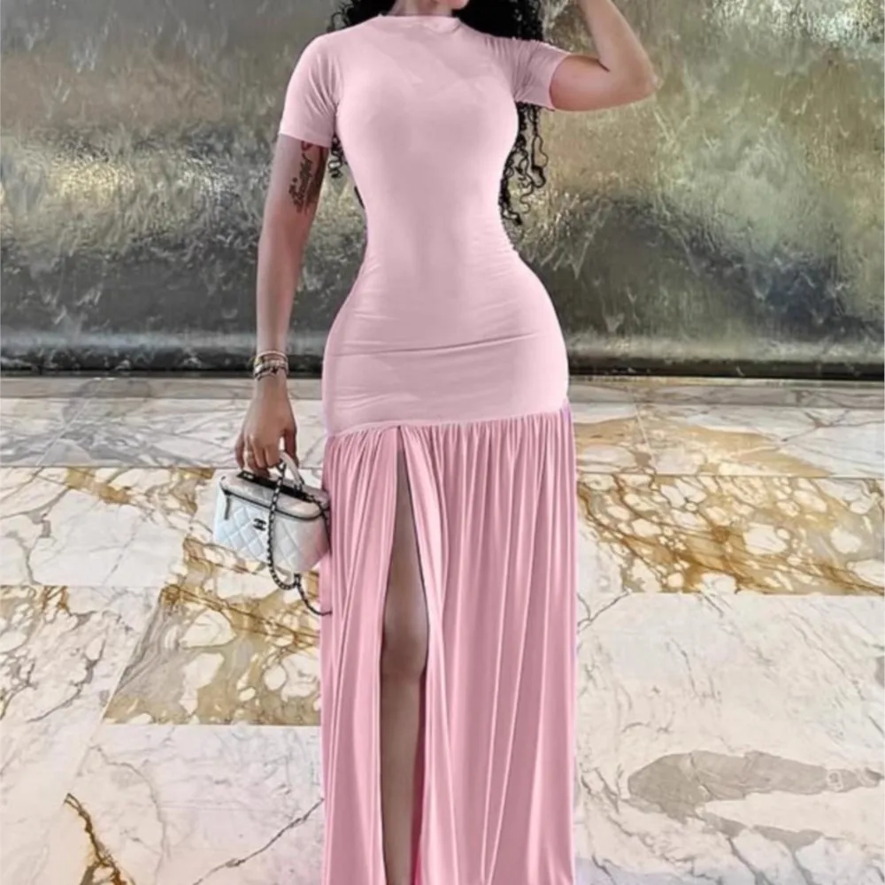

2026 Summer Temperament Dresses For Lady Vestidos Evening Dress Elegant Slim Solid Color Pleated Patchwork Short Sleeves Fashion