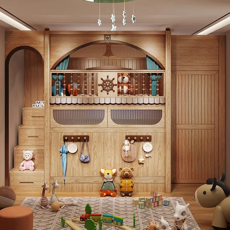 

Children's room custom siblings S-type bunk beds Solid wood one son and one daughter siblings