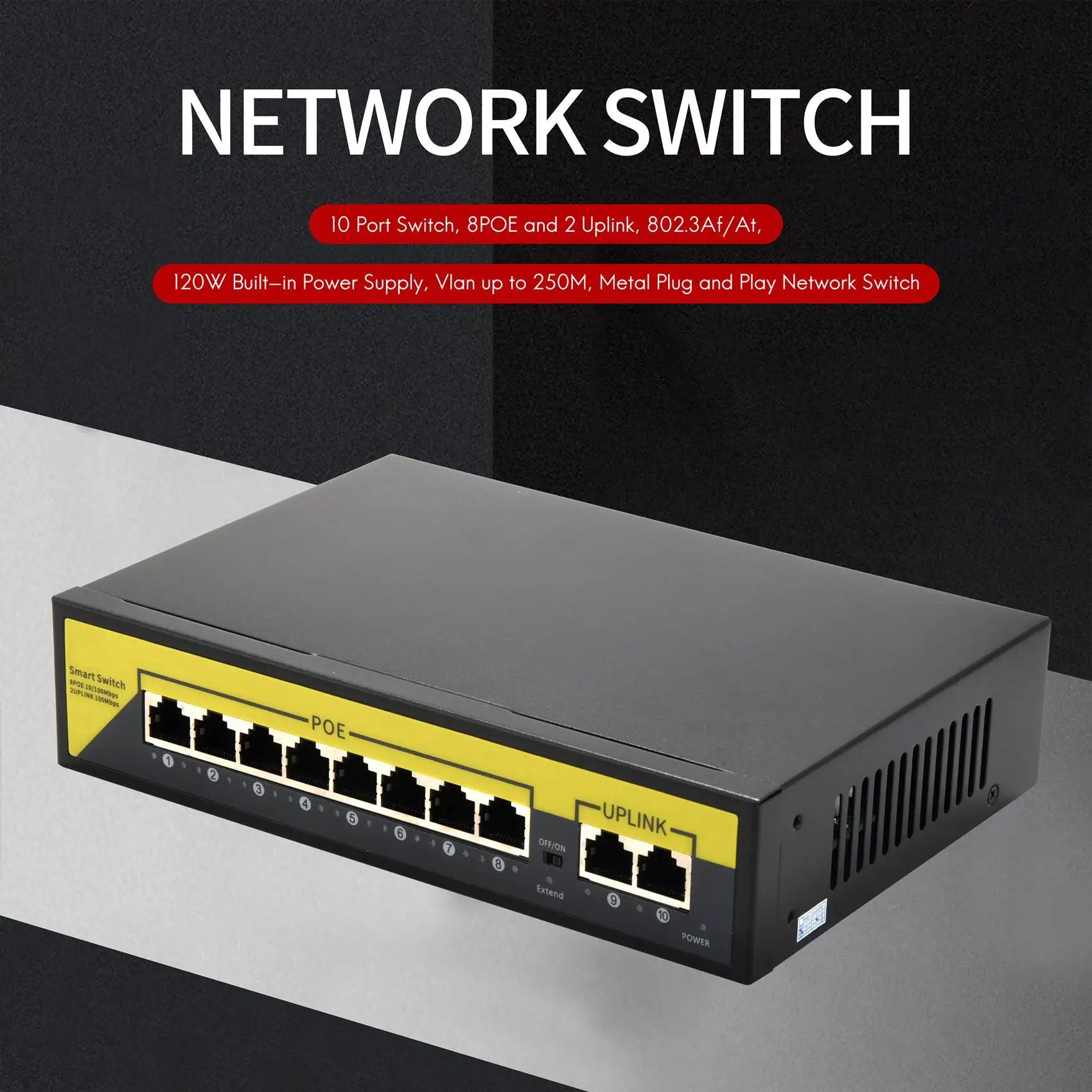 10 Port Switch,8POE and 2 Uplink, 802.3Af/At, 120W Built-in Power, Vlan Up to 250M, Metal Plug & Play Network Switch