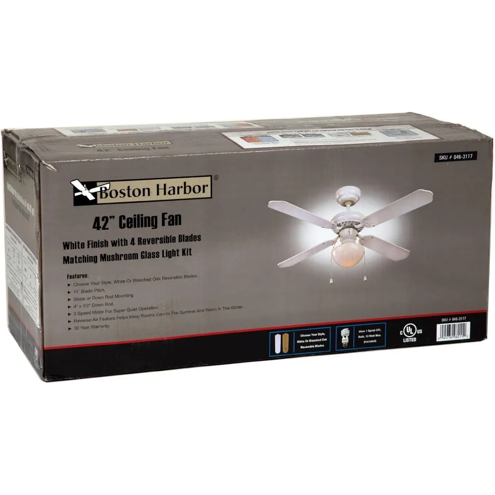 BOSTON HARBOR CF-78133 463117 طقم إضاءة مروحة السقف، 1 CFL، مصباح 13 وات، 16 بوصة ارتفاع × 42 بوصة عرض، أبيض