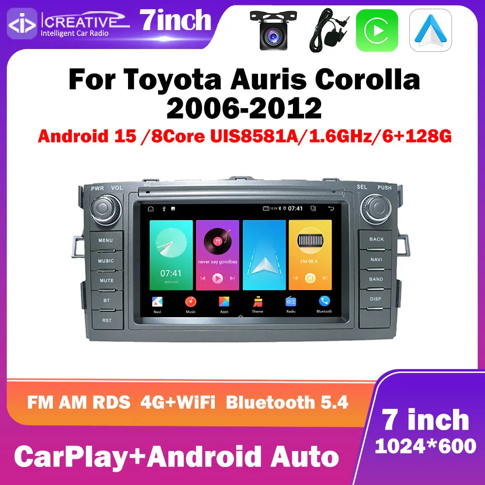Android 15 Car Radio For Toyota Auris Corolla 2006-2012 7inch 1024*600 Carplay Auto Multimedia Stereo GPS Navi Intelligent 8Core