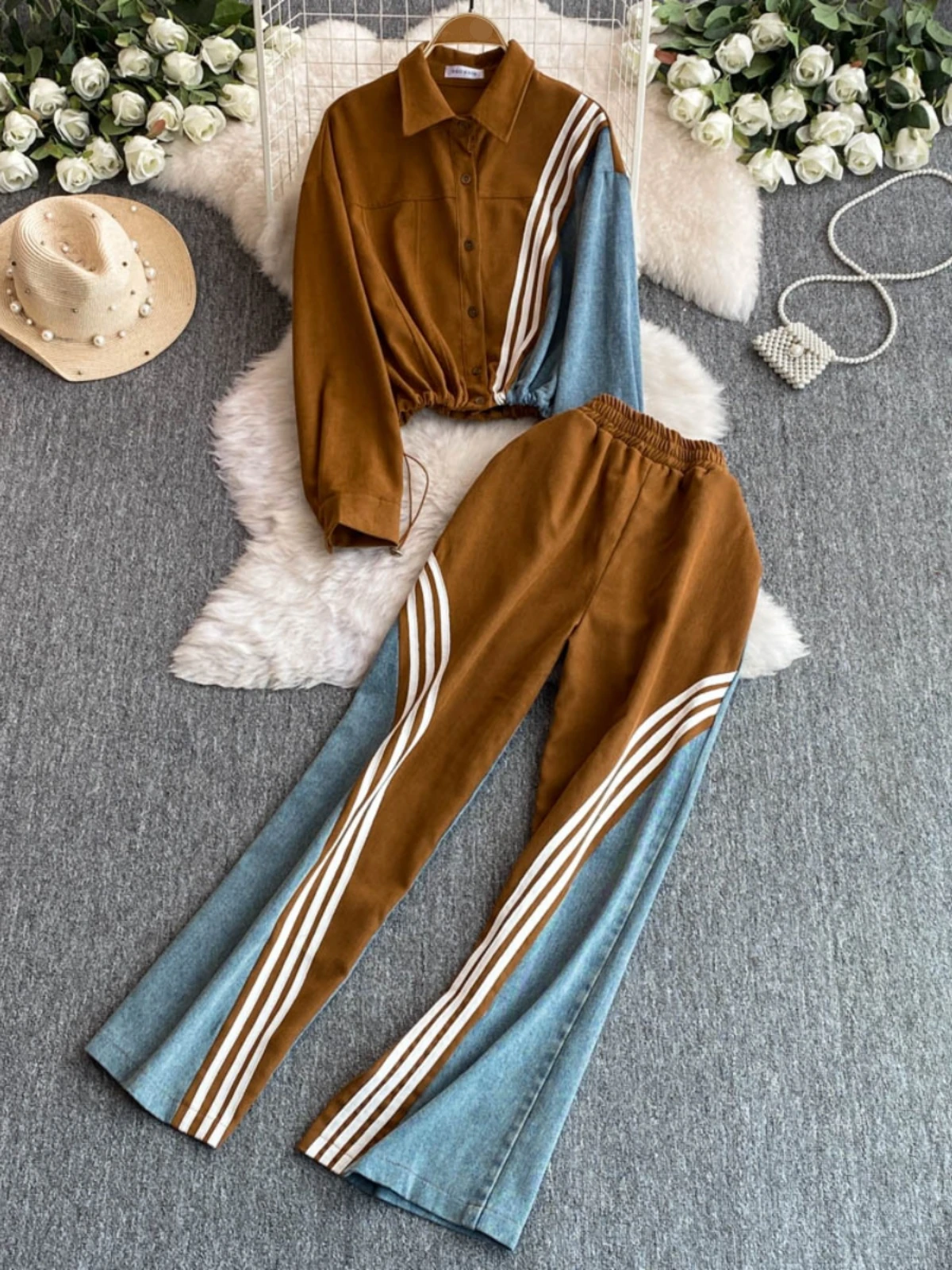 

Women'S Fashion Suits 2025 Long Sleeve Sets Denim Splicing Design Jacket Wide-Leg Striped Pants 2 Piece Denim Sets Woman Outfits