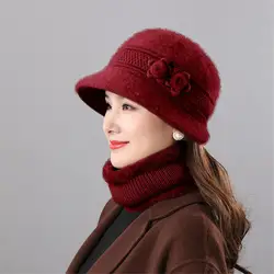 Conjunto de gorro y bufanda a prueba de viento para mujer, gorro de cubo de piel de conejo sintética con flores pequeñas, gorro de mamá de punto grueso, 2 conjuntos